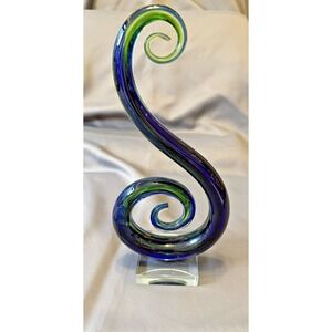 Murano‎ Glass Art Blue Green Swirl Blown Glass Sculpture 13" Modern Decoration